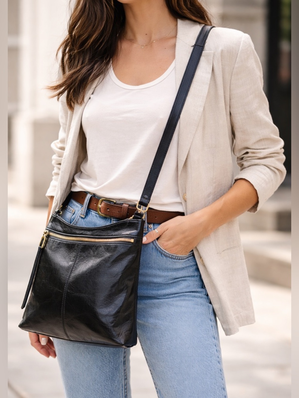 HOBO Cambel Black Leather Crossbody Bag Zip Top Slouchy Shoulder Purse